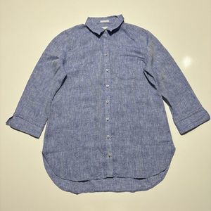 Chico's Button Down No Iron Shirt 8 Blue100% Linen Womens Navy Short Sleeve